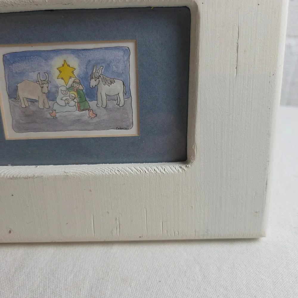 Rustic Wooden Nativity Scene Watercolor Art Frame with Star and Bird Topper